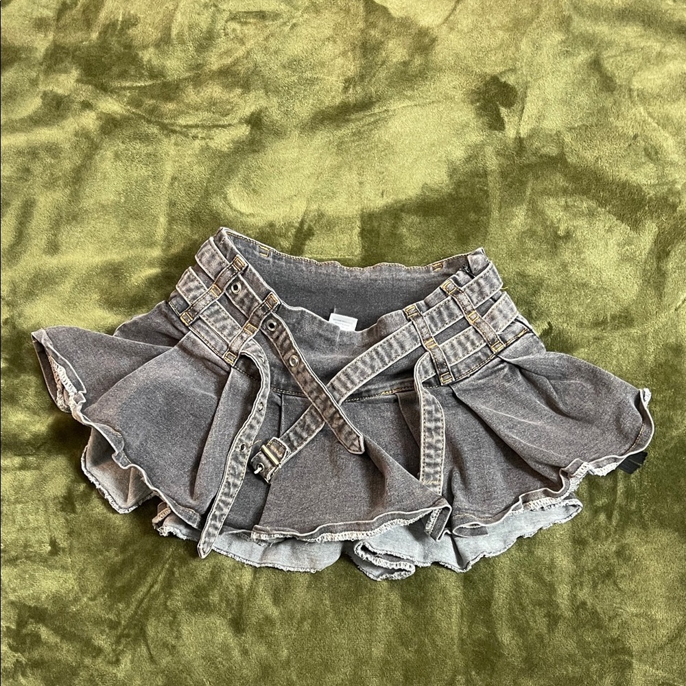 Gray Denim Mini Skirt with Buckle Details